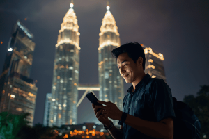 A traveler using a smartphone with the glowing Petronas Twin Towers blurred in the background at night in Kuala Lumpur, Malaysia