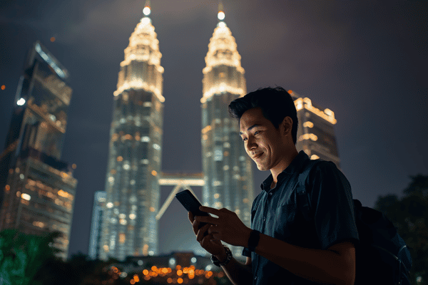 A traveler using a smartphone with the glowing Petronas Twin Towers blurred in the background at night in Kuala Lumpur, Malaysia