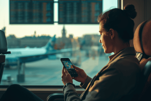 A traveler using their smartphone to check data in a train station, symbolizing easy international connectivity with Roamless