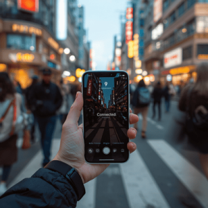 A traveler’s hand holding a phone in a busy city, showing an active data connection while traveling abroad