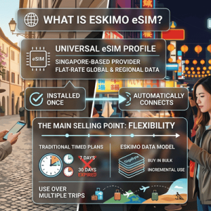 An informational graphic explaining Eskimo eSIM features, contrasting traditional 7 to 30-day expiring travel plans with a universal profile that allows buying data in bulk for incremental use across multiple trips