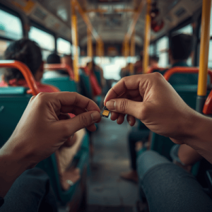 Close-up of a traveler's hands using a paperclip to open a smartphone SIM tray while sitting on a public bus.