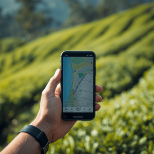 Close-up view of a traveler holding a smartphone with a navigation app over a scenic view of the Cameron Highlands tea plantations in Malaysia