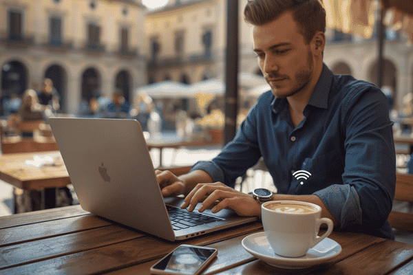 Digital nomad working on a laptop at a European outdoor café with a smartphone on the table, representing international phone plans for remote work