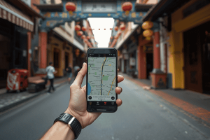 Over-the-shoulder view of a tourist navigating the colorful street shops of Chinatown Singapore using a map app on their smartphone