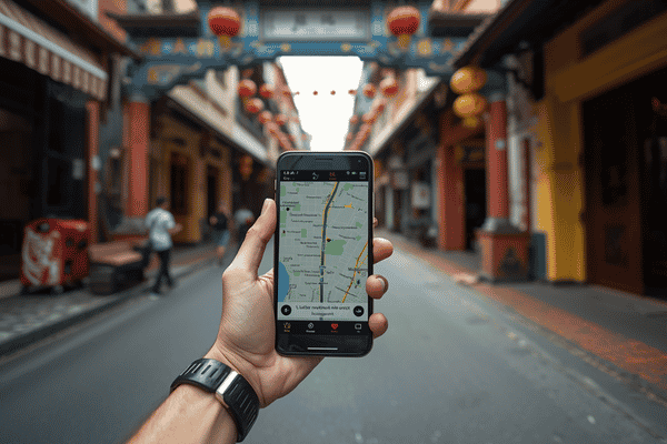Over-the-shoulder view of a tourist navigating the colorful street shops of Chinatown Singapore using a map app on their smartphone