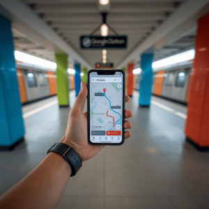 POV shot of a traveler using a smartphone for navigation at a modern Singapore MRT station using high-speed eSIM data