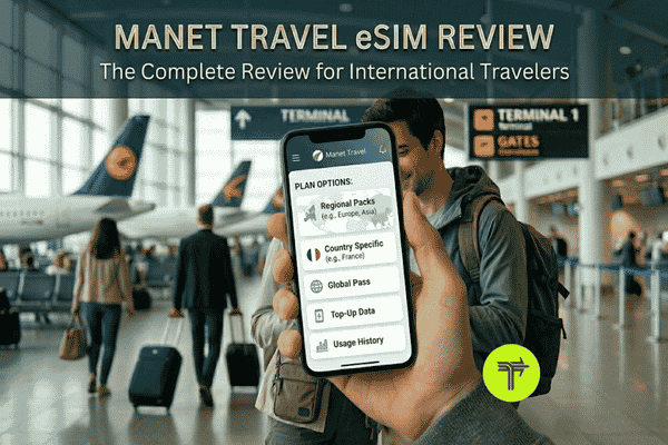 A hand holds a phone displaying travel data options in a busy airport terminal