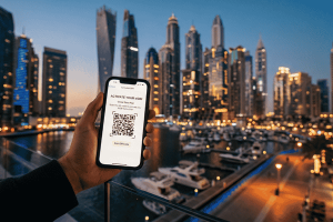 A person holding a smartphone displaying an eSIM activation QR code, with a blurred backdrop of the Dubai Marina skyline lit up at dusk