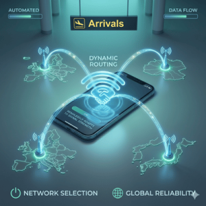 A smartphone on a surface under an airport arrivals sign, displaying glowing blue lines that connect it to multiple digital maps to illustrate dynamic data routing