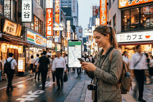 A traveler looking at a map on her smartphone on a busy, neon-lit street in Tokyo, Japan
