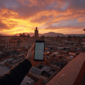 A traveler on a Marrakech rooftop terrace looking at a smartphone map overlooking the old medina at sunset