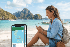 A traveler sitting on a tropical beach in El Nido, Philippines, using a smartphone with a map overlay, showing reliable mobile connectivity