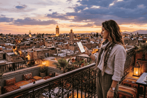 A woman viewing a phone map on a Moroccan rooftop terrace overlooking the city at sunset