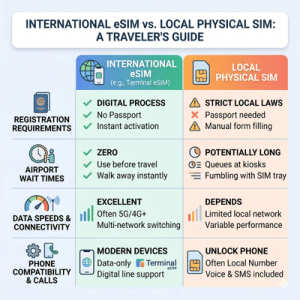 An infographic comparing "INTERNATIONAL eSIM" and "LOCAL PHYSICAL SIM" across four criteria: Registration Requirements, Airport Wait Times, Data Speeds & Connectivity, and Phone Compatibility & Calls, highlighting the digital process and zero wait times of eSIM