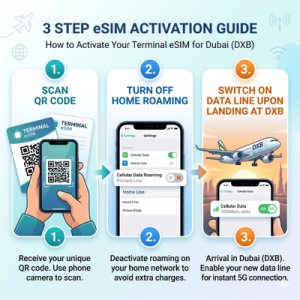 An infographic titled '3 STEP eSIM ACTIVATION GUIDE' illustrating three numbered steps with icons and text: 1) Scan QR Code with a phone; 2) Turn off home roaming in phone settings; 3) Switch on data line on landing at DXB