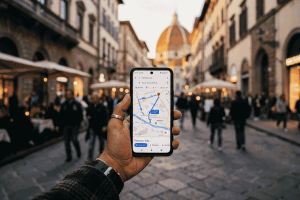 First-person view of a traveler holding a smartphone with a map navigation app open on a blurred historic European street.