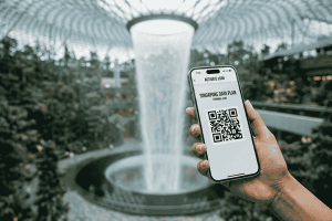 Hand holding a smartphone displaying an eSIM QR code, with a blurred view of the Jewel Changi Airport waterfall in Singapore