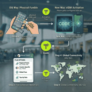 Infographic comparing physical SIM cards to step-by-step digital eSIM activation