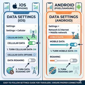 Split-screen infographic guide showing cellular data and roaming settings menus for iOS on the left and Android on the right