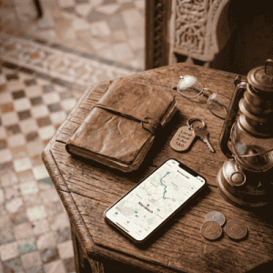 Top-down view of a smartphone displaying a map of Marrakech next to an antique Moroccan teapot, a leather journal, and coins on a rustic wooden table