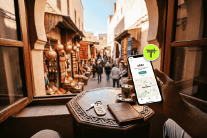 Traveler activating a Terminal eSIM on a smartphone with a background view of a Moroccan medina