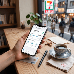 A person holding a smartphone showing a Terminal eSIM data activation screen inside a cozy Japanese café